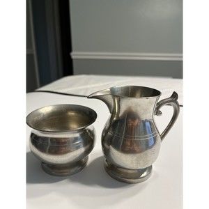 Vintage Woodbury Pewterers Pewter Creamer & Sugar Open Bowl Set